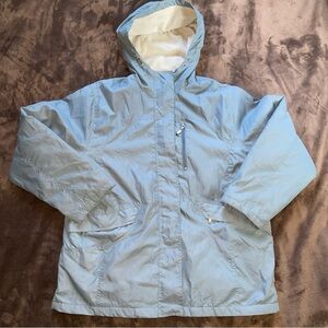 New Tudor Court Womens Large Blue Zip Snap Front Pockets Hooded Rain Coat Jacket
